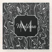 白黒灰色ダマスカス抽象芸術スワーズモノグラム ガラスコースター (正面)