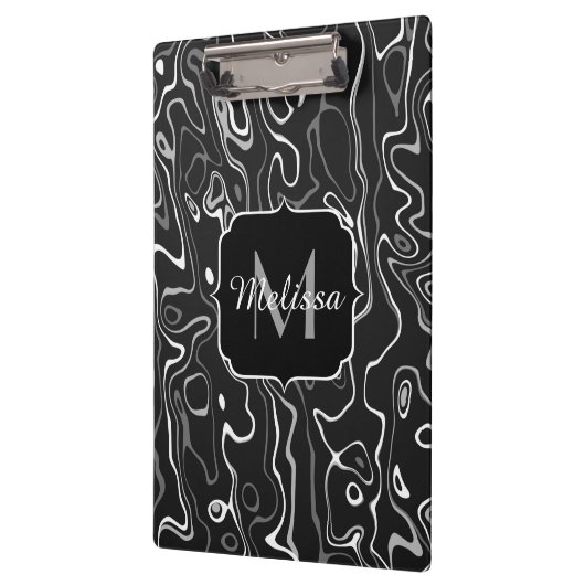 白黒灰色ダマスカス抽象芸術スワーズモノグラム クリップボード (左)