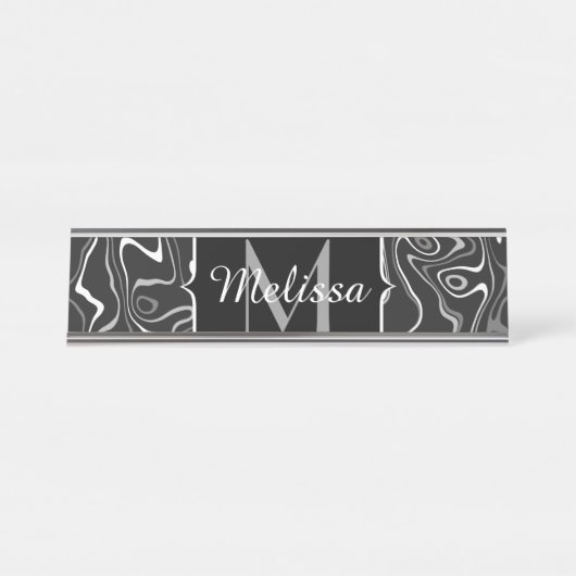 白黒灰色ダマスカス抽象芸術スワーズモノグラム デスクネームプレート (正面)