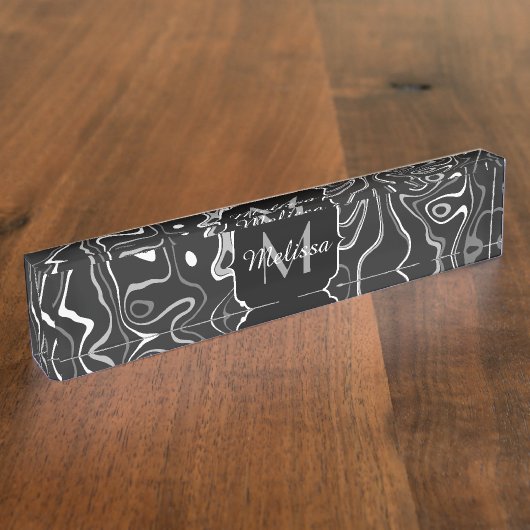 白黒灰色ダマスカス抽象芸術スワーズモノグラム デスクネームプレート (側面)