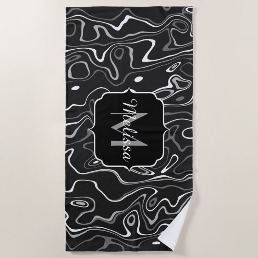 白黒灰色ダマスカス抽象芸術スワーズモノグラム ビーチタオル (正面)