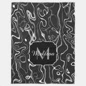 白黒灰色ダマスカス抽象芸術スワーズモノグラム フリースブランケット (正面)