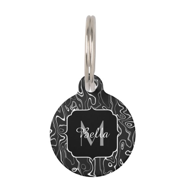 白黒灰色ダマスカス抽象芸術スワーズモノグラム ペット　ネームタグ (正面)