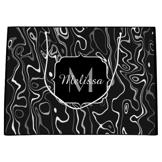 白黒灰色ダマスカス抽象芸術スワーズモノグラム ラージペーパーバッグ (正面)