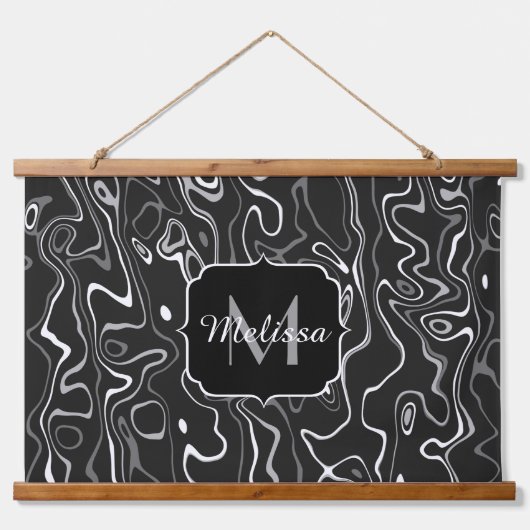 白黒灰色ダマスカス抽象芸術スワーズモノグラム 吊り下げ型タペストリー (正面)