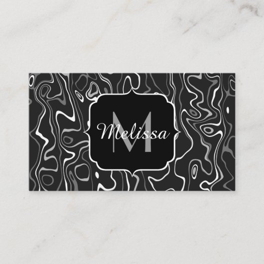 白黒灰色ダマスカス抽象芸術スワーズモノグラム 名刺 (正面)