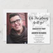 白黒灰色旅行テーマの卒業の写真 招待状 (正面)