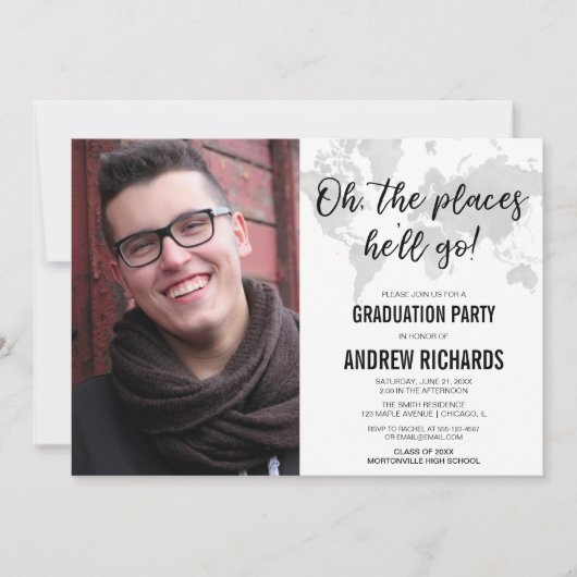 白黒灰色旅行テーマの卒業の写真 招待状 (正面)