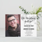 白黒灰色旅行テーマの卒業の写真 招待状 (スタンド正面)