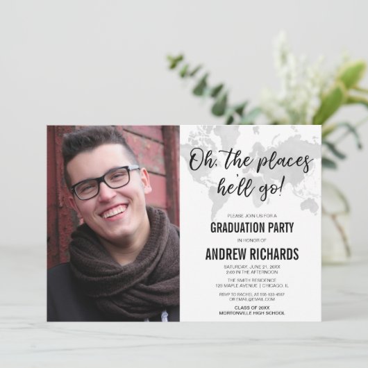 白黒灰色旅行テーマの卒業の写真 招待状 (スタンド正面)