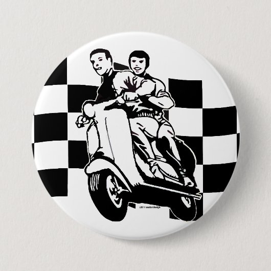 白黒点検のスクーターのライダー 缶バッジ (正面)