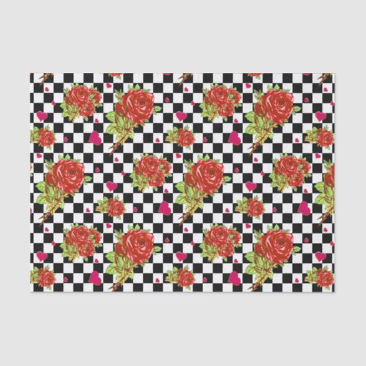 白黒点検の赤いバラの花パターン 薄葉紙 (正面)