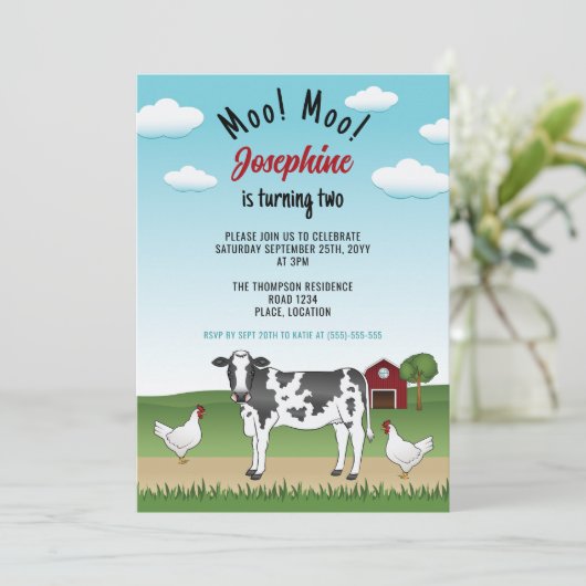 白黒牛とチキンズファーム納屋周囲の庭誕生田 招待状 (スタンド正面)