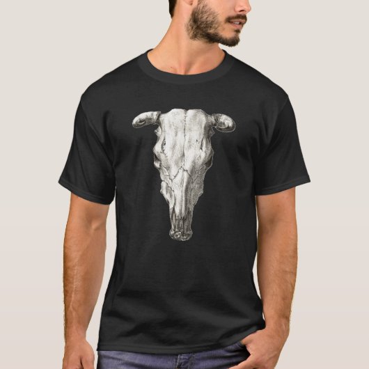 白黒牛の頭蓋骨のイラスト鉛筆スタイル Tシャツ (正面)
