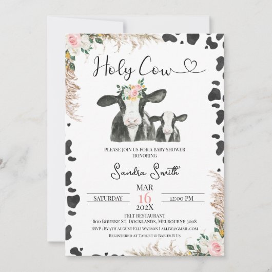白黒牛ふくらはぎフローラ牛プリント赤ちゃんシャワー 招待状 (正面)