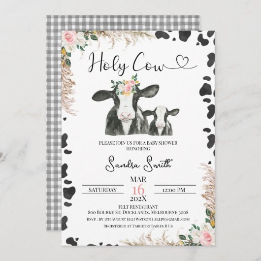白黒牛ふくらはぎフローラ牛プリント赤ちゃんシャワー 招待状 (正面/裏面)