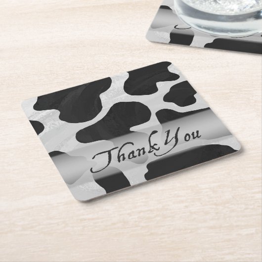 白黒牛プリントありがとう スクエアペーパーコースター (アングル)