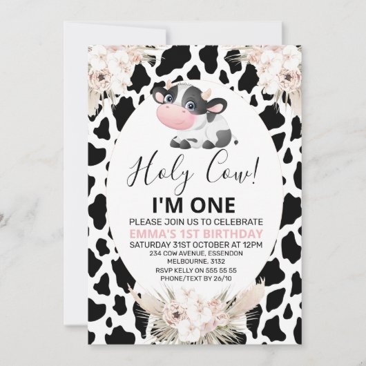 白黒牛プリントホーリーカウー誕生日 招待状 (正面)