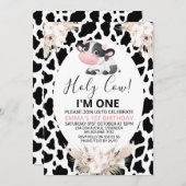 白黒牛プリントホーリーカウー誕生日 招待状 (正面/裏面)