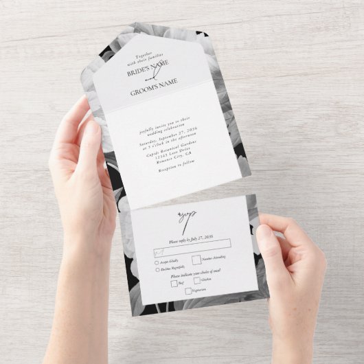 白黒牡丹の水色フローラ結婚ズ オールインワン招待状 (貼ってはがせる)