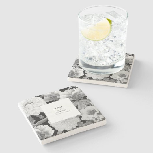 白黒牡丹の水色フローラ結婚ズ ストーンコースター (横)