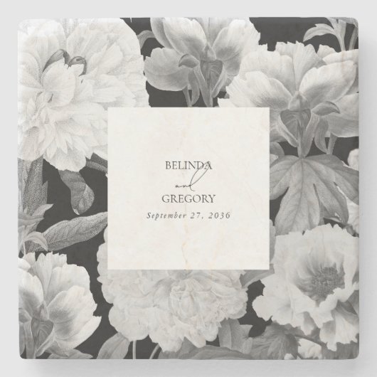 白黒牡丹の水色フローラ結婚ズ ストーンコースター (正面)