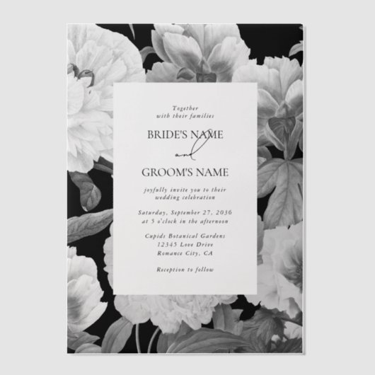 白黒牡丹の水色フローラ結婚ズ ベラム紙招待状 (正面)