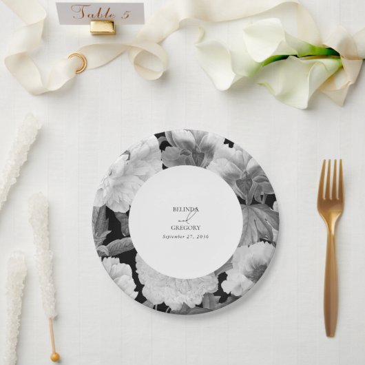 白黒牡丹の水色フローラ結婚ズ ペーパープレート (ウェディング)
