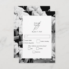 白黒牡丹の水色フローラ結婚ズ 出欠カード