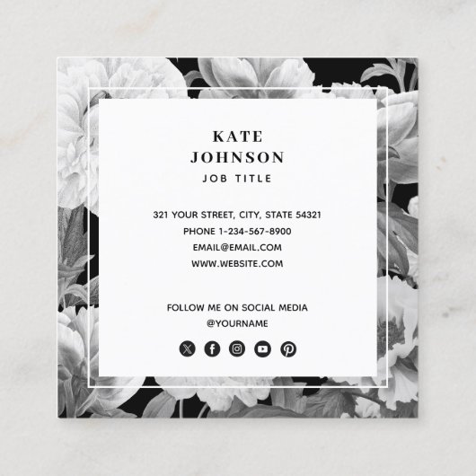 白黒牡丹の水色フローラQRコード スクエア名刺 (裏面)