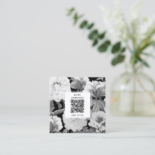 白黒牡丹の水色フローラQRコード スクエア名刺 (スタンド正面)