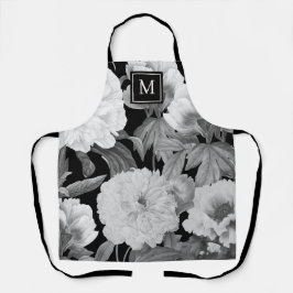 白黒牡丹ウォーターカラーフローラモノグラム エプロン