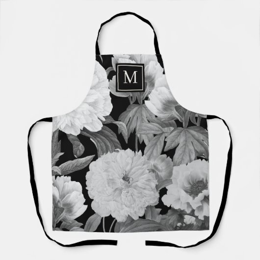 白黒牡丹ウォーターカラーフローラモノグラム エプロン (正面)