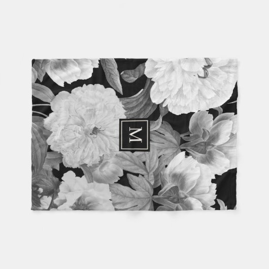 白黒牡丹ウォーターカラーフローラモノグラム フリースブランケット (正面(横))
