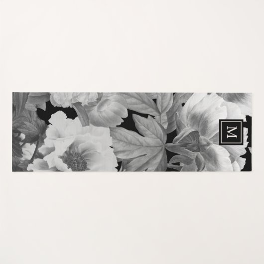 白黒牡丹ウォーターカラーフローラモノグラム ヨガマット (正面(横))
