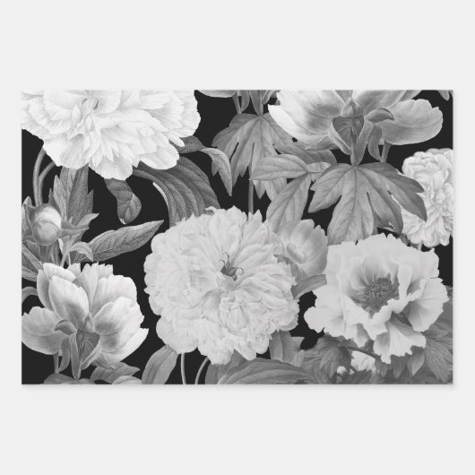 白黒牡丹ウォーター色フローラ ラッピングペーパーシート (正面)