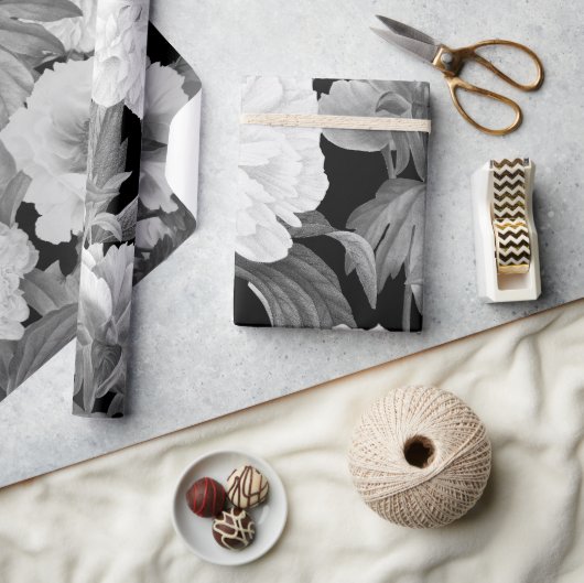 白黒牡丹ウォーター色フローラ ラッピングペーパー (クラフト)