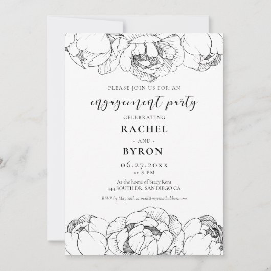 白黒牡丹エレガント婚約パーティ 招待状 (正面)