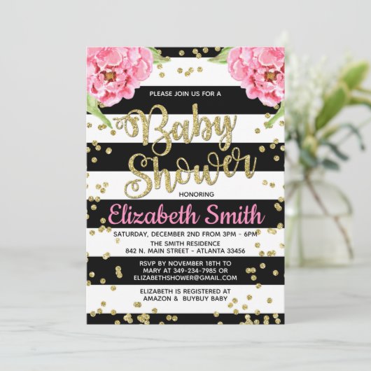 白黒牡丹ベビーシャワー招待状 招待状 (スタンド正面)