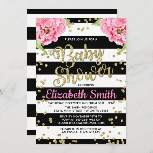 白黒牡丹ベビーシャワー招待状 招待状 (正面/裏面)