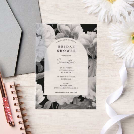 白黒牡丹水彩ブライダルシャワー ベラム紙招待状 (ウェディング)