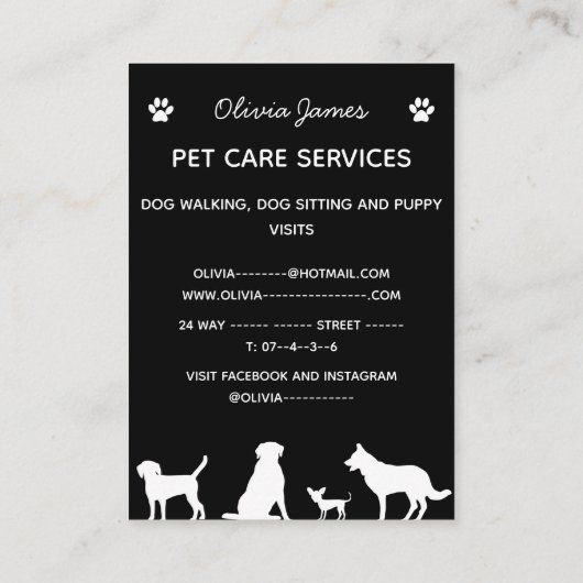 白黒犬の前足を手のペットケアサービスに 名刺 (裏面)
