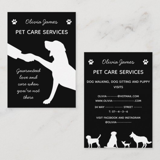 白黒犬の前足を手のペットケアサービスに 名刺 (正面/裏面)