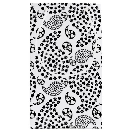 白黒犬の足とハートペイズリープリント スモールペーパーバッグ (裏面)