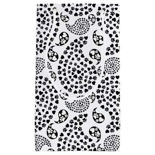 白黒犬の足とハートペイズリープリント スモールペーパーバッグ (正面)