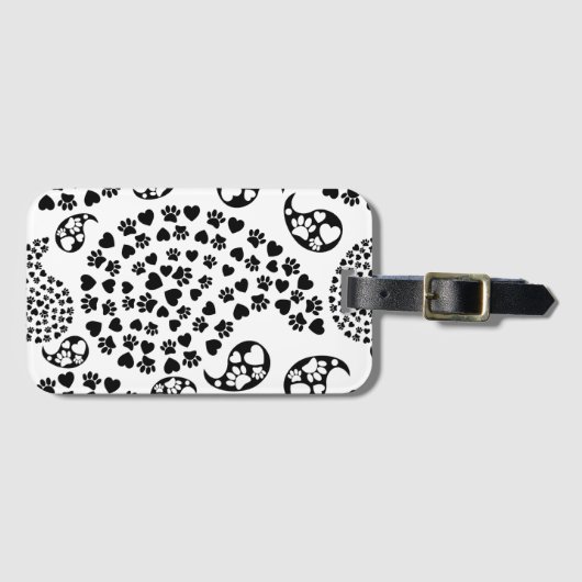 白黒犬の足とハートペイズリープリント ラゲッジタグ (正面横)