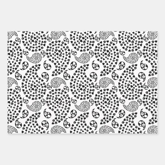 白黒犬の足とハートペイズリープリント ラッピングペーパーシート (正面3)