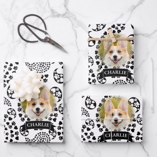 白黒犬の足とハートペイズリープリント ラッピングペーパーシート (正面)