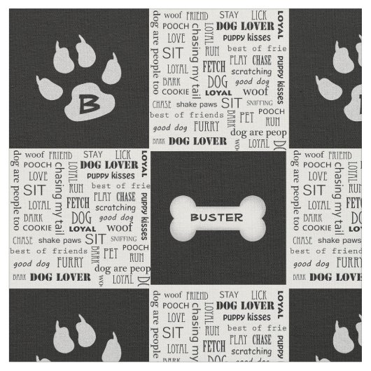 白黒犬の骨 | 名前とモノグラム ファブリック (クローズアップ)