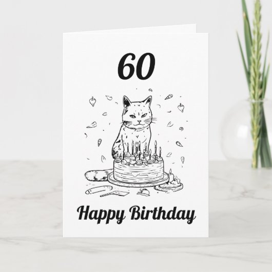 白黒猫おもしろい夫60誕生日 カード (正面)